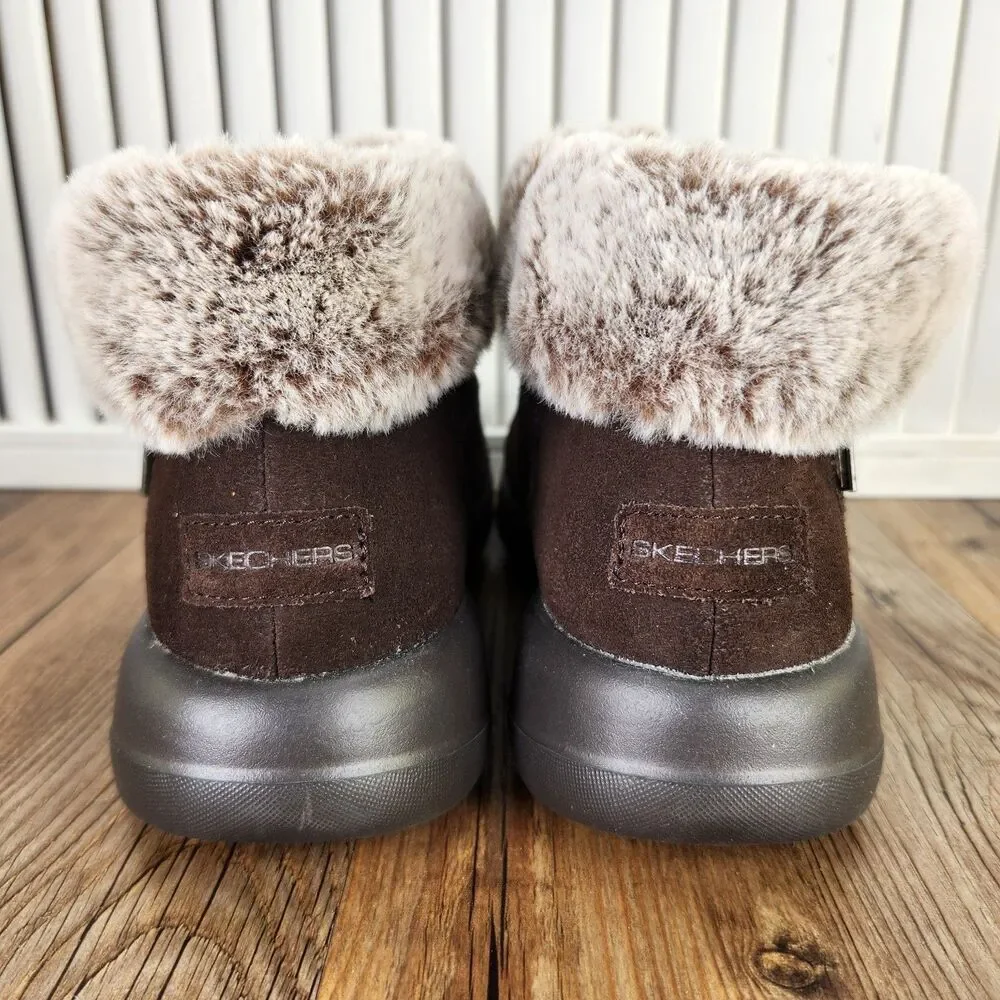 Skechers On-The-Go Joy Bundle Up Womens Size 6 Brown Suede Faux Fur Ankle Boots